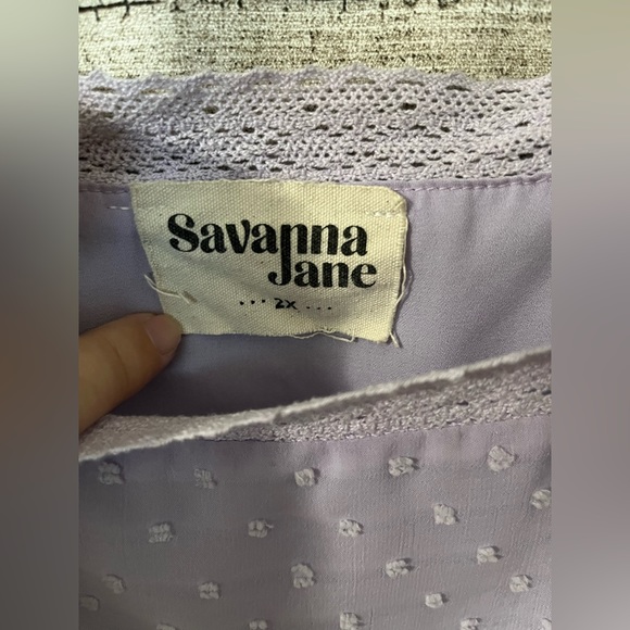 Savanna Jane light lilac boho top, Swiss dotlace details, size 2X. - Picture 3 of 6